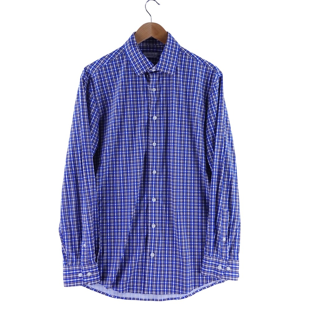 Collars & Co Mens Large Blue Gingham Performance Stretch Long Sleeve Shirt